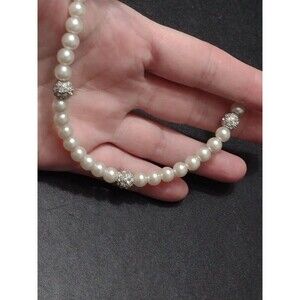 Faux pearl necklace with clear rhinestones 15.5"